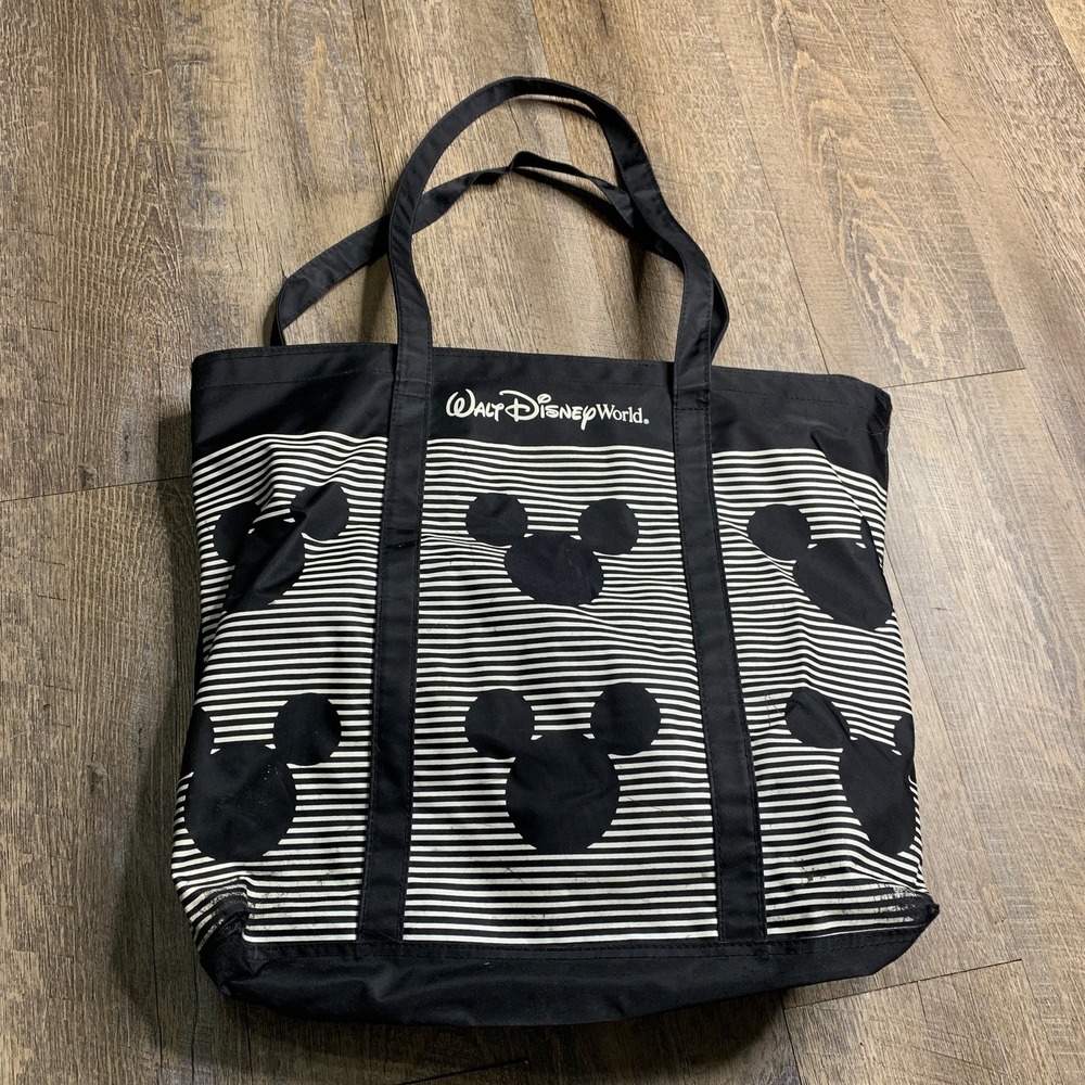Walt Disney World Womens Tote Bag Black Striped Vinyl Travel Mickey Mouse